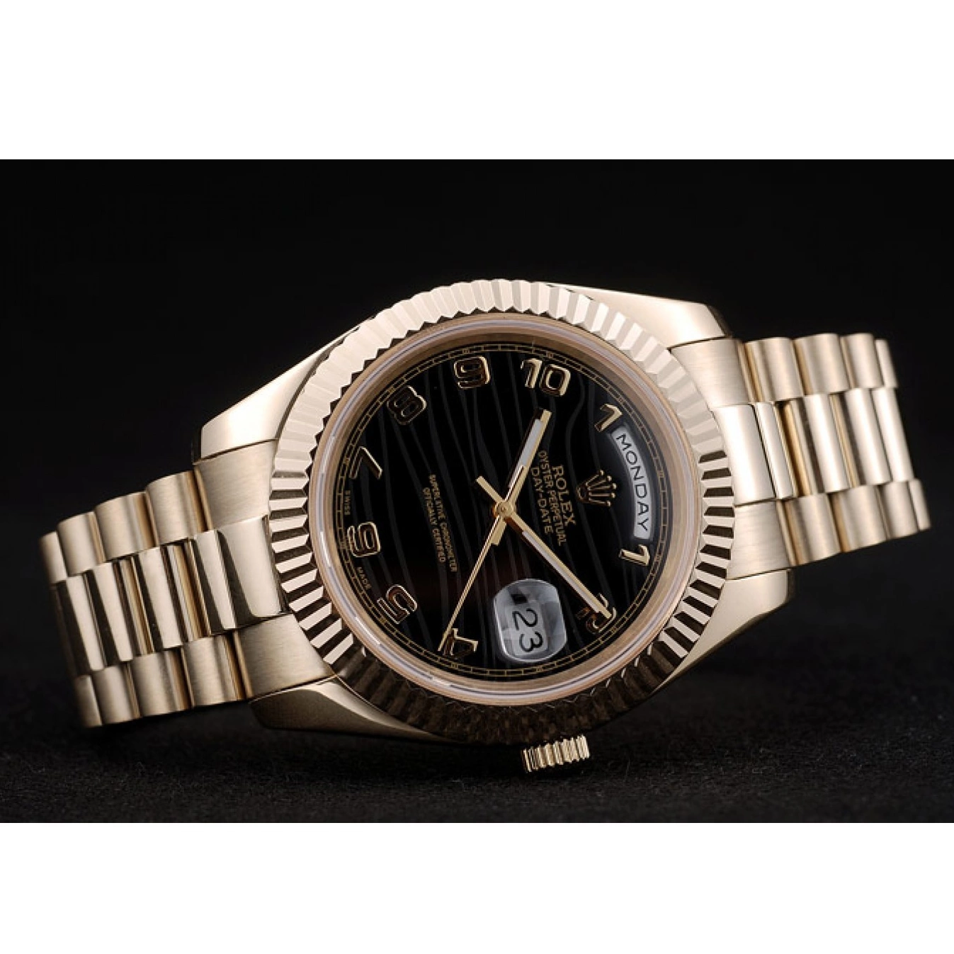 Rolex aaa copy Gold Dial DayDate Rolex Black Stainless 41998 Ribbed Steel Bezel Swiss 0709